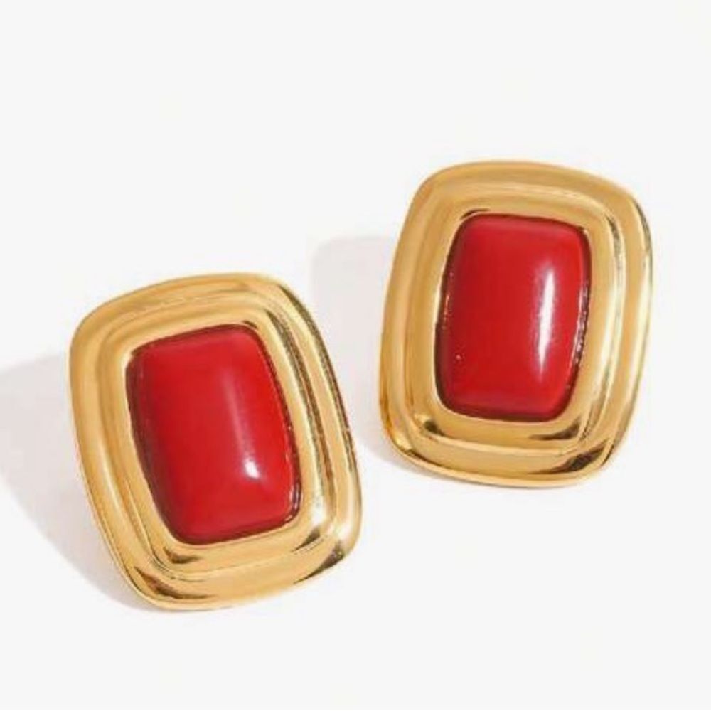 Anthropologie Gold-Plated Earrings with Red Cabochon Centers